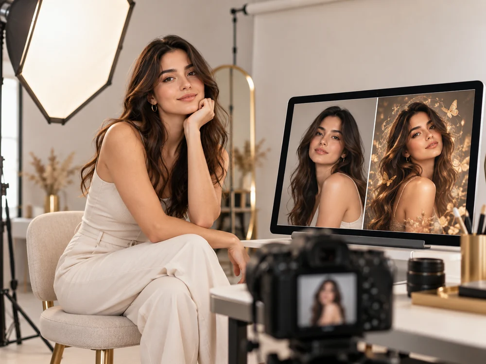 Mujer en un estudio de retrato con luces, cámara y fotografías.