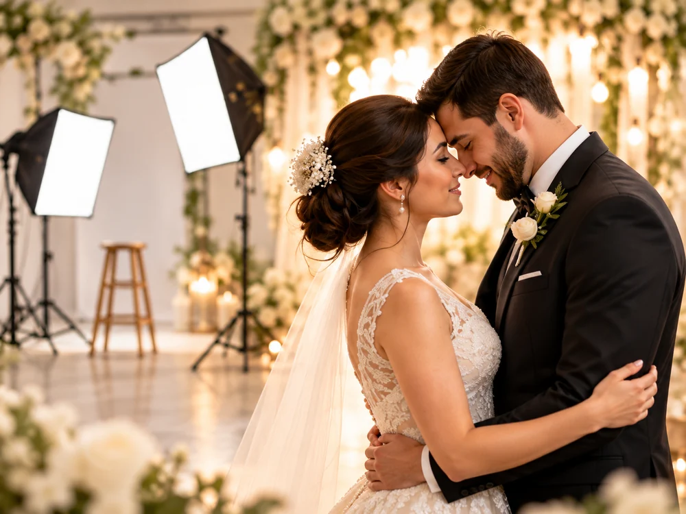 Pareja de novios durante una sesión fotográfica con iluminación de estudio.