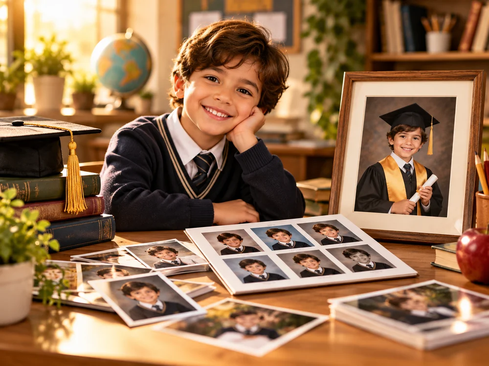 Niño con uniforme escolar junto a sus fotografías y un retrato de graduación.