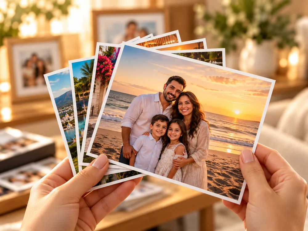Manos sosteniendo fotografías impresas de una familia en la playa.