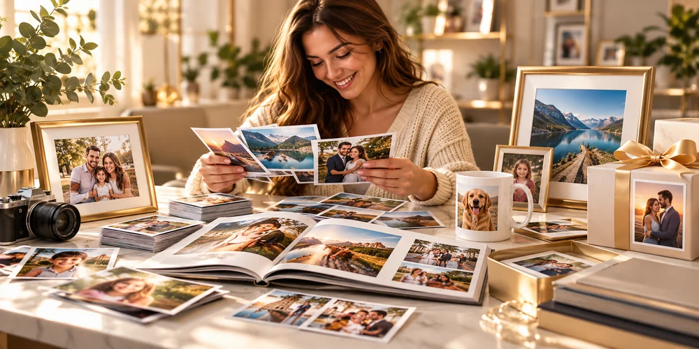 Mujer revisando fotografías junto a un fotolibro, marcos y recuerdos personalizados.